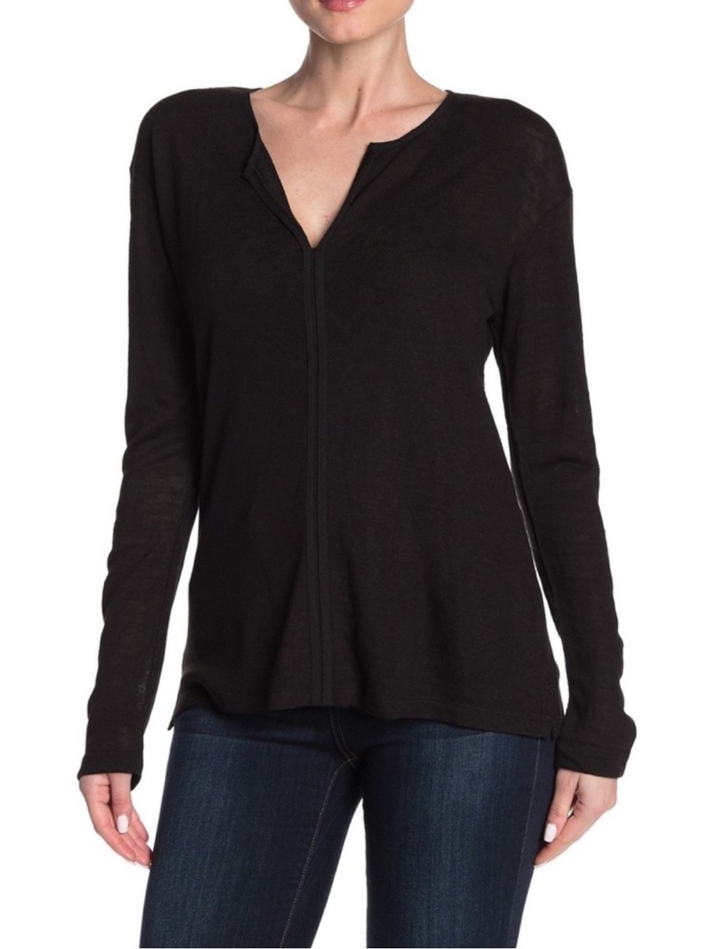 Sanctuary Elina split neck mixed media long sleeve top, black size XL